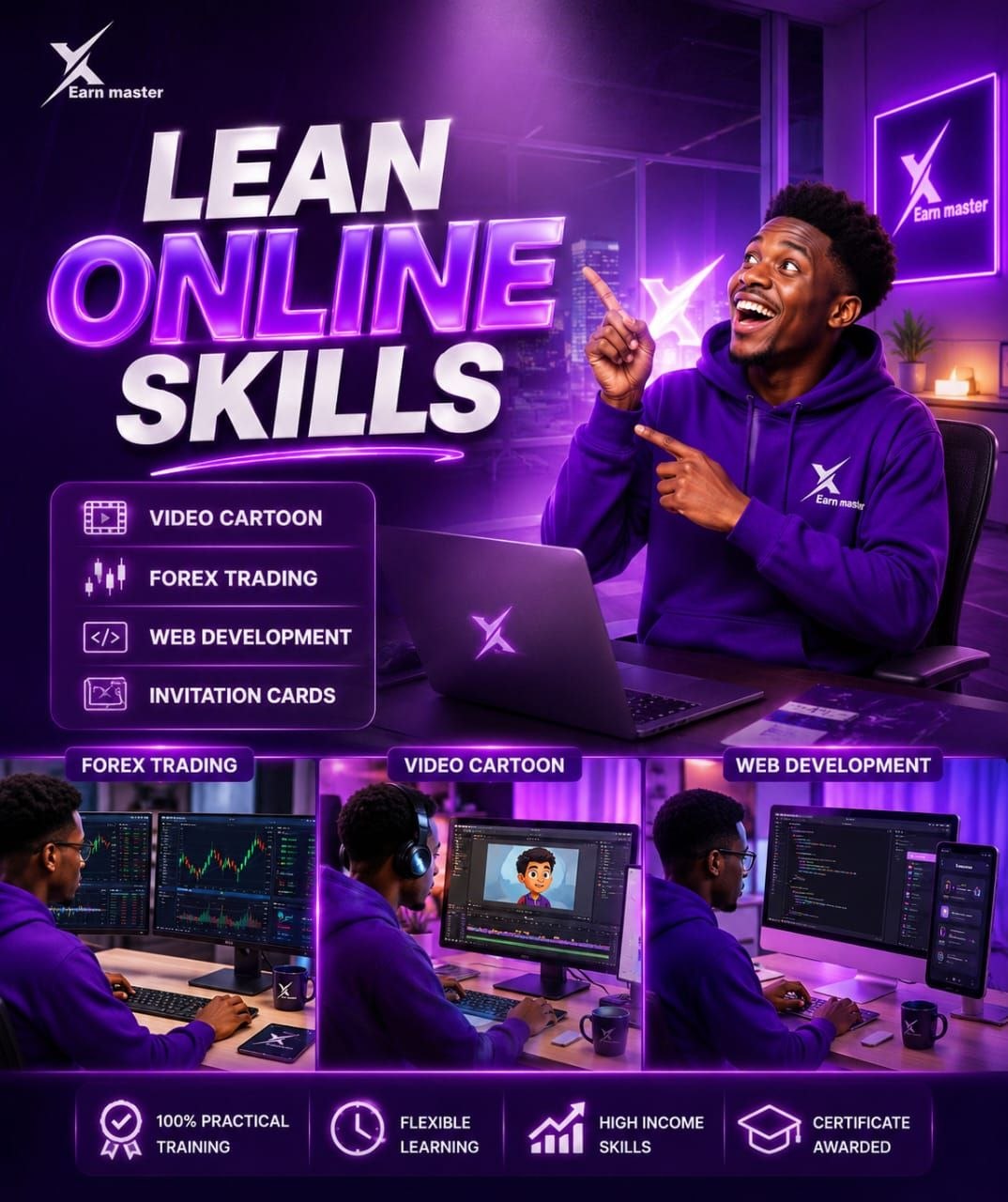 Learn online skills - Forex, Video Cartoon, Web Dev